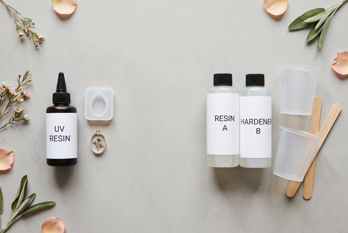Illustrative UV resin and two-part resin materials on a white workbench