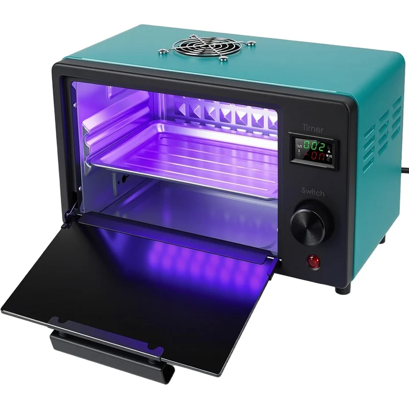 Teal GISTAR curing box with its front door open, timer and top fan